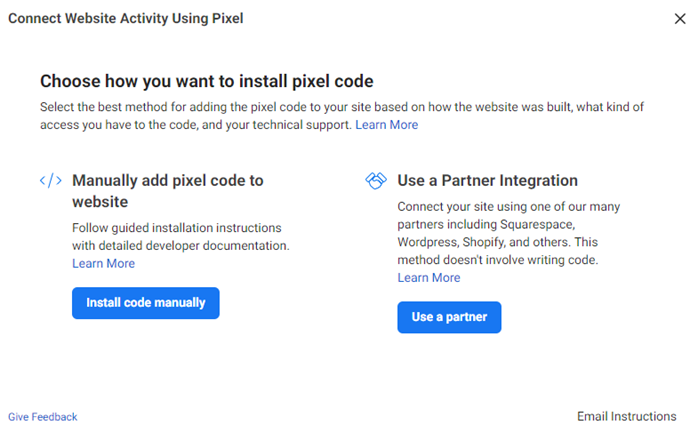 Options to install the Facebook Pixel Code