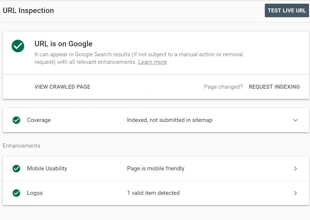 Advantage of Google Search Console URL Inspection Tool for improved webpages 2 Google Search Console URL Inspection Tool - Good Report