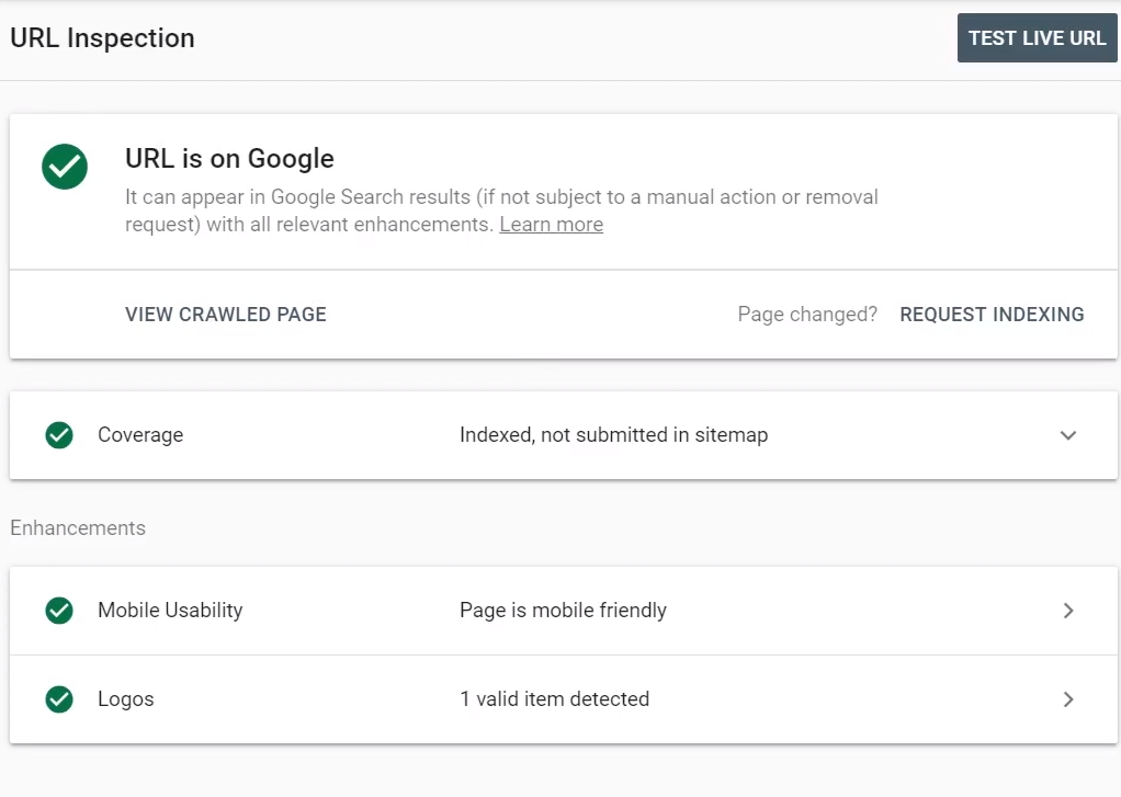 Google Search Console URL Inspection Tool - Good Report